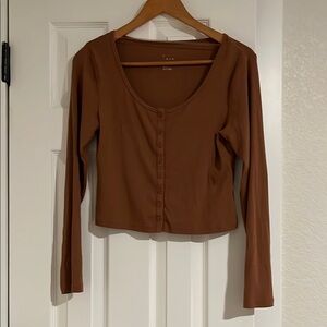 Brown Long Sleeve Button-Up Top